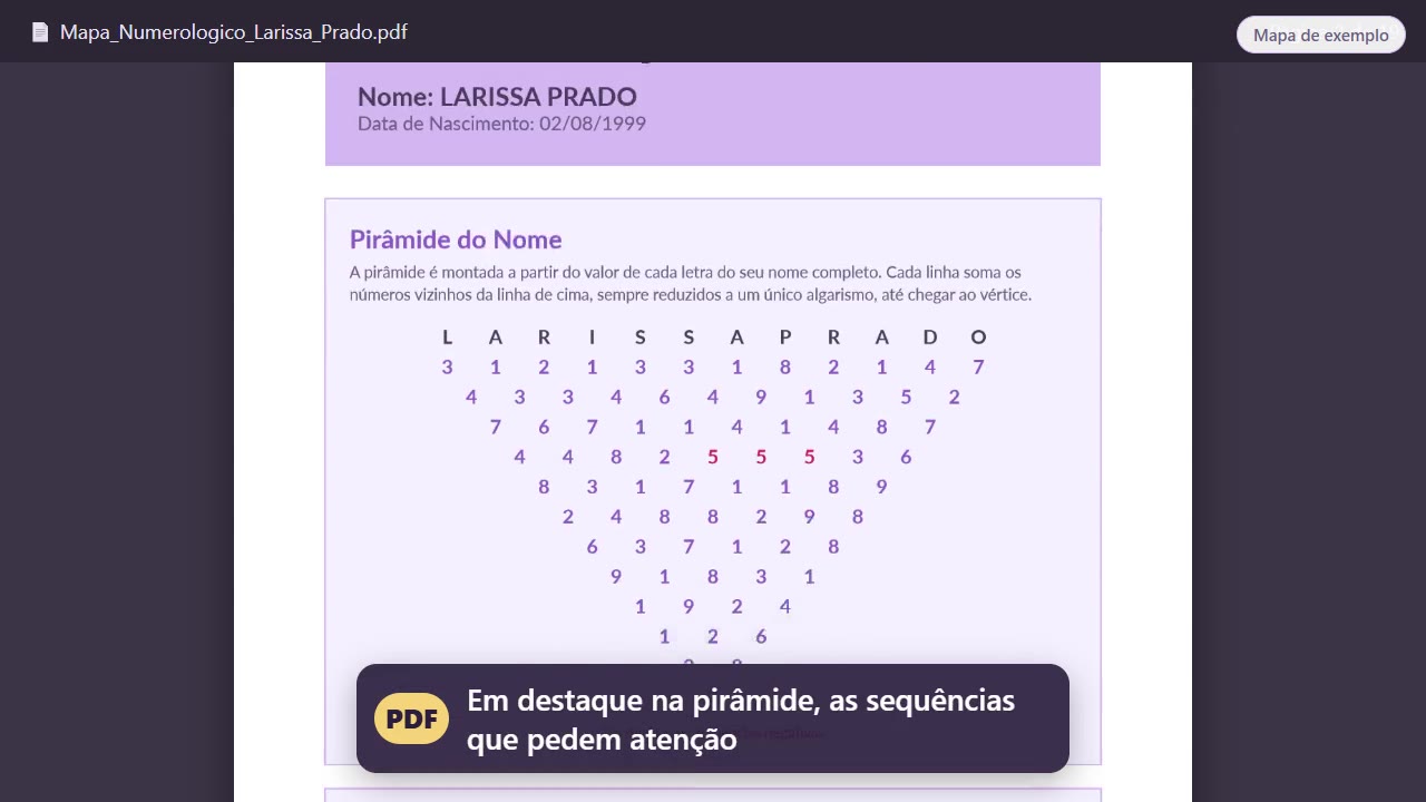 Página do PDF de um mapa numerológico de exemplo